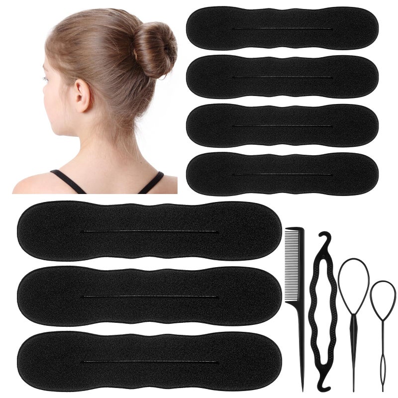 11Pcs Hair Bun Maker Kit 3 Large 4 Small Soft Foam Sponge Buns with 3Pcs Twist Hair Tool and Comb Reusable Flexible Hair Bun Donut for Women Updos Ballet Buns Waves Style