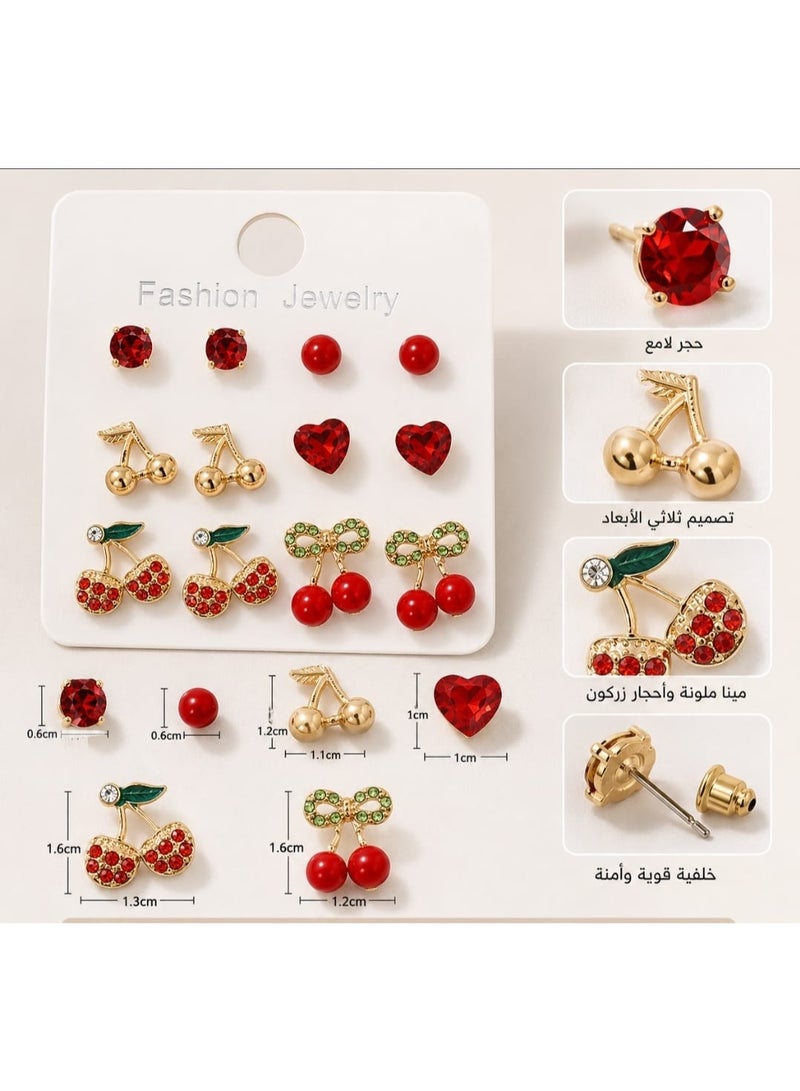 Shein 9pairs Fruit Themed Cute Strawberry, Apple  HEART Design Candy Color Fashionable Unique Women's Earrings Set - Image 2