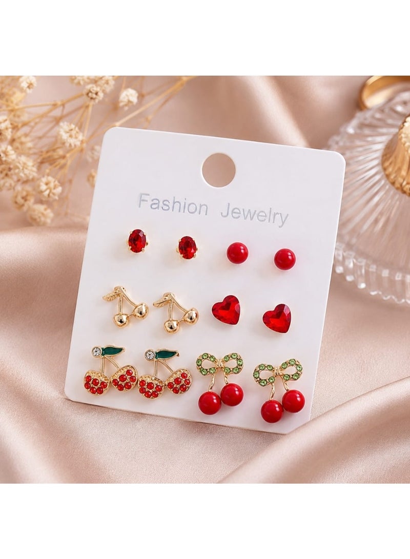 Shein 9pairs Fruit Themed Cute Strawberry, Apple  HEART Design Candy Color Fashionable Unique Women's Earrings Set - Image 1