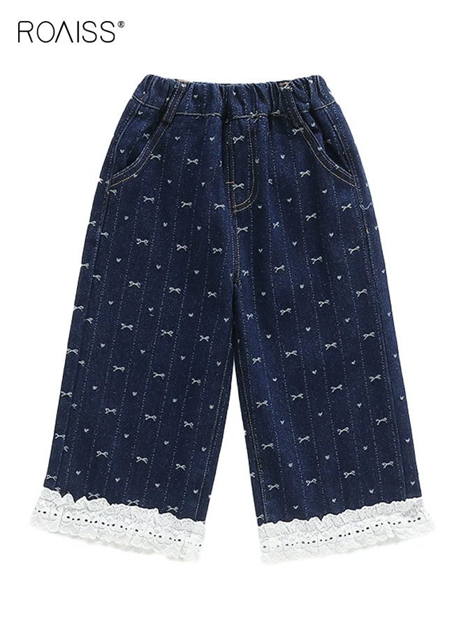 roaiss Girls Baggy Denim Pants with 2 Side Pockets and Lace Hem, Elastic Waist Straight Leg Jeans, Stylish Versatile Jean Pants for Girls, Suitable for Daily Wear and Other Occasions - Image 1