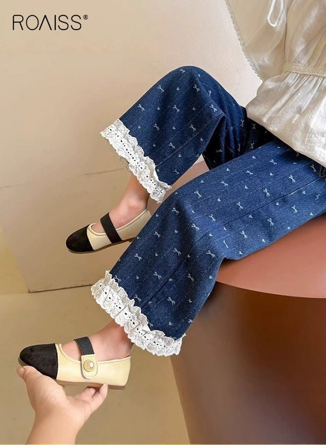 roaiss Girls Baggy Denim Pants with 2 Side Pockets and Lace Hem, Elastic Waist Straight Leg Jeans, Stylish Versatile Jean Pants for Girls, Suitable for Daily Wear and Other Occasions - Image 2