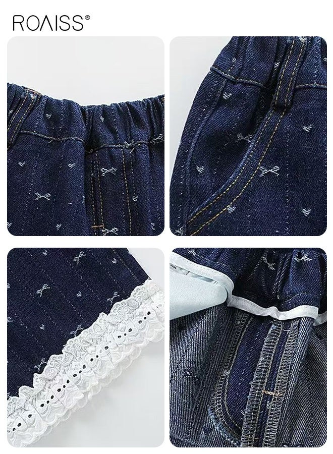 roaiss Girls Baggy Denim Pants with 2 Side Pockets and Lace Hem, Elastic Waist Straight Leg Jeans, Stylish Versatile Jean Pants for Girls, Suitable for Daily Wear and Other Occasions - Image 4