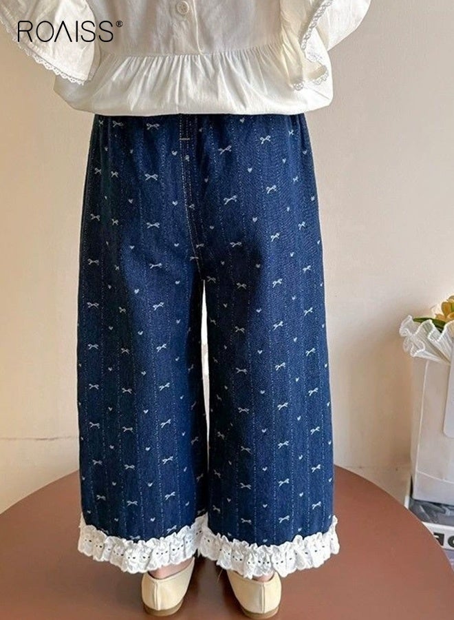 roaiss Girls Baggy Denim Pants with 2 Side Pockets and Lace Hem, Elastic Waist Straight Leg Jeans, Stylish Versatile Jean Pants for Girls, Suitable for Daily Wear and Other Occasions - Image 3