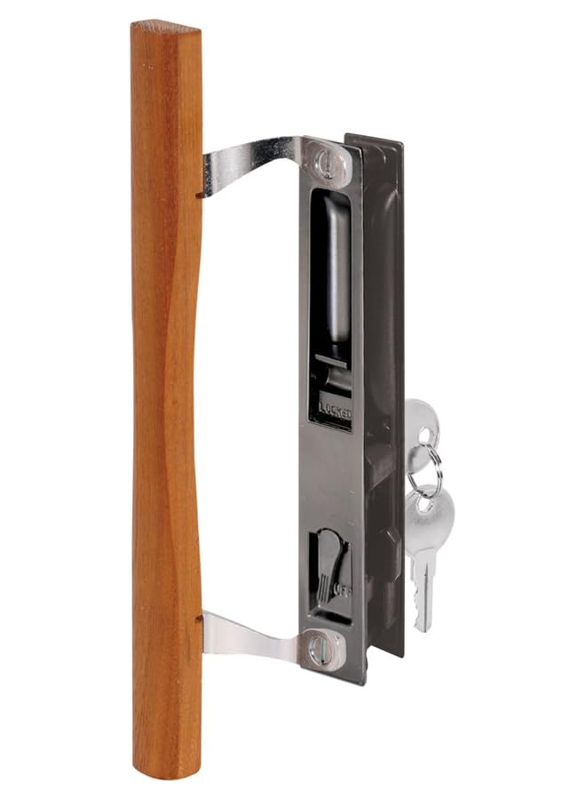 Prime-Line C 1032 Keyed Sliding Glass Door Handle Set – Replace Old or Damaged Door Handles Quickly –Wood and Black Painted Diecast, Hook Style, Flush Mount, Fits 6-5/8 in. Hole Spacing (1 Set) - Image 1