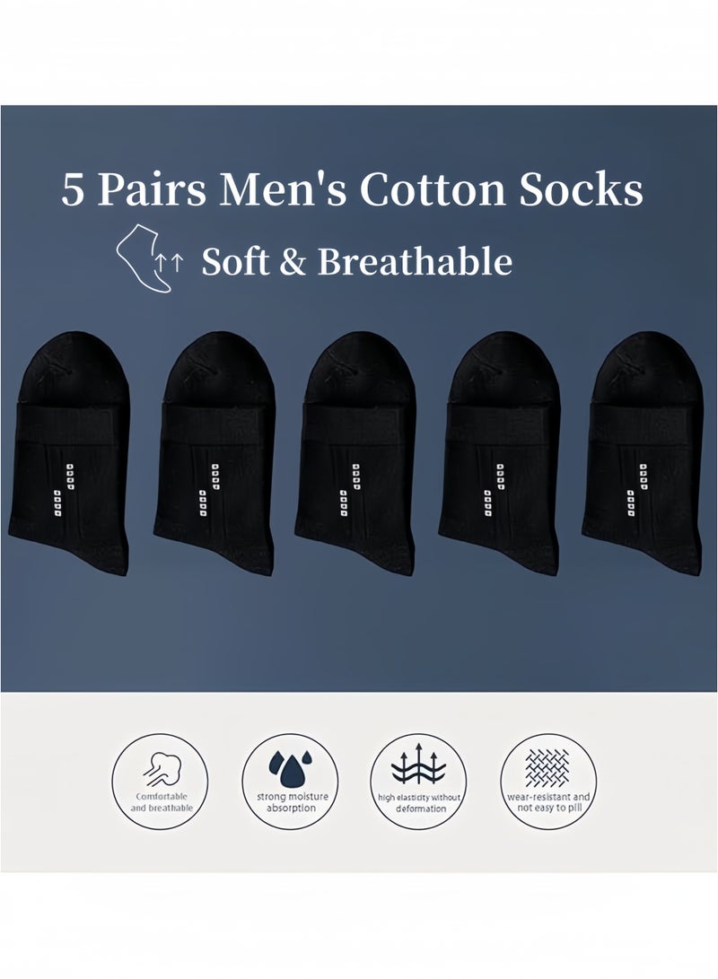 Lesha 5 Pairs Men's 100 % Cotton Crew Socks - Comfortable, Durable, Mid - Calf, Moisture Wicking Breathable Socks, Dress Socks for Business and Casual(Black)  - Image 2