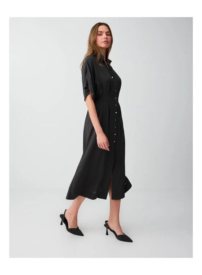 Jimmy Key Anthracite Slim-Fit Button-Detail Shirt-Collar Midi Dress.