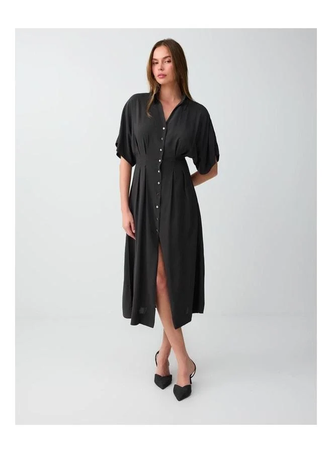 Jimmy Key Anthracite Slim-Fit Button-Detail Shirt-Collar Midi Dress.