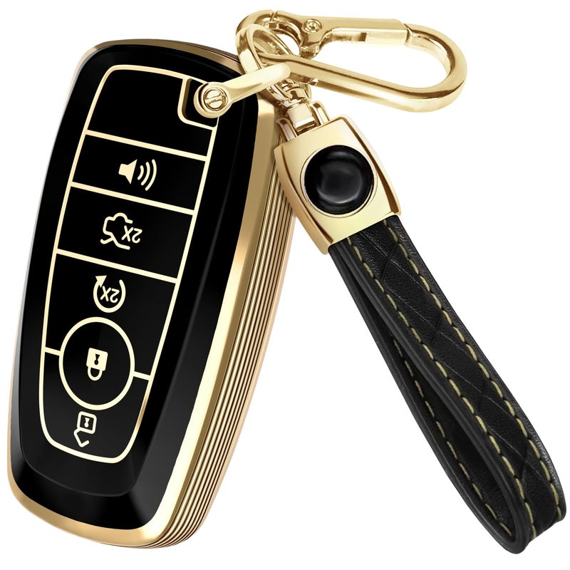 Lucrum Compatible with Ford Key Fob Cover & Leather Keychain, Keyfob Case for Bronco Explorer Edge Escape Expedition Fusion F150 F250 F350 F450, For 5 Button Remote (2018-2025) - Black and Gold - Image 1