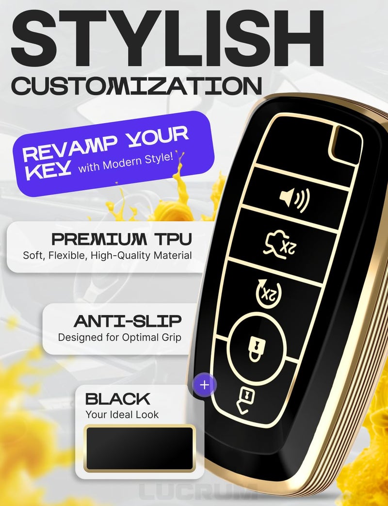 Lucrum Compatible with Ford Key Fob Cover & Leather Keychain, Keyfob Case for Bronco Explorer Edge Escape Expedition Fusion F150 F250 F350 F450, For 5 Button Remote (2018-2025) - Black and Gold - Image 3