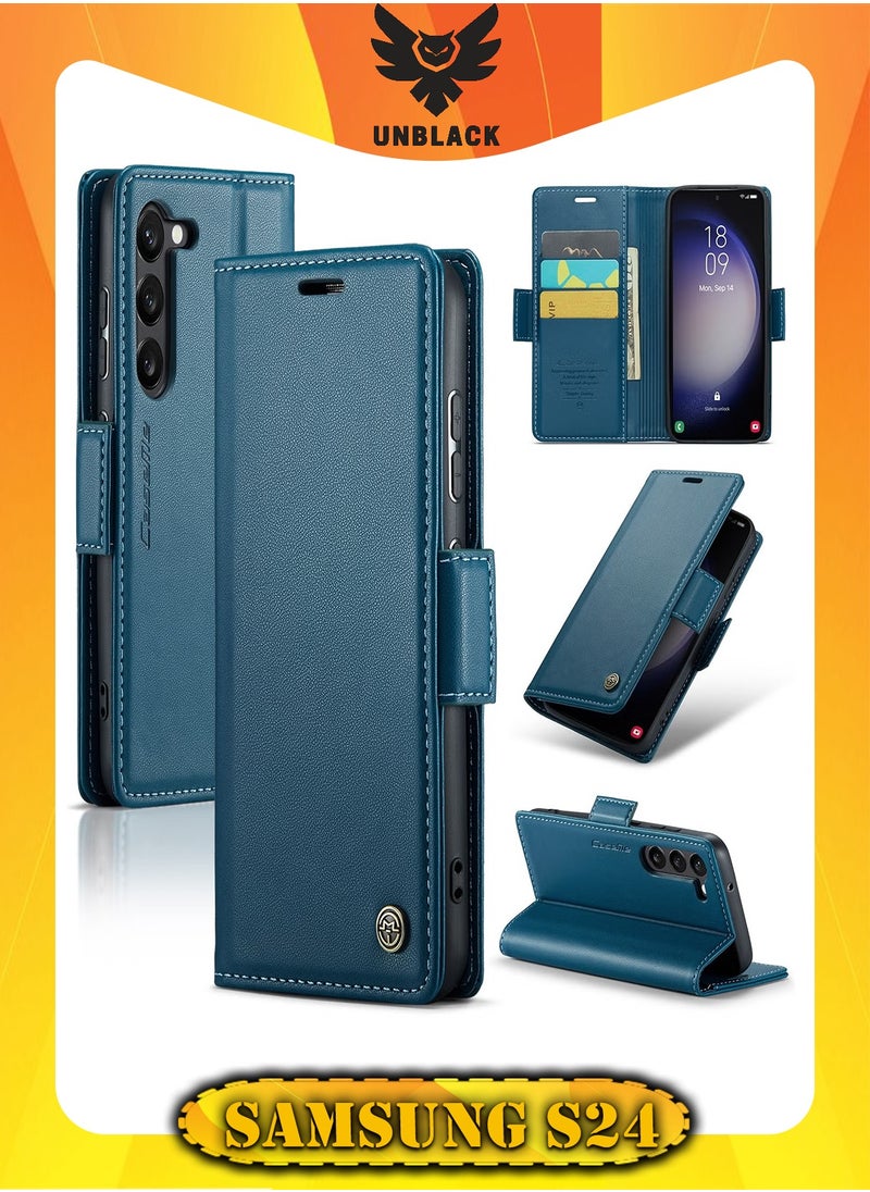 Flip Wallet Case For Samsung Galaxy S24 , [RFID Blocking] PU Leather Wallet Flip Folio Case with Card Holder Kickstand Shockproof Phone Cover (Blue)