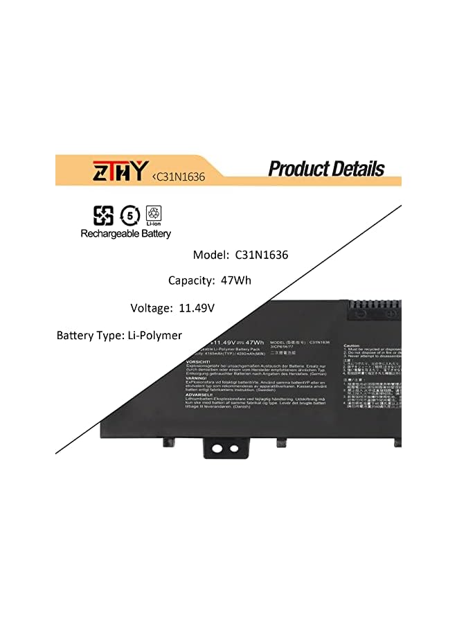 ZTHY C31N1636 Laptop Battery Replacement For Asus Vivobook Pro 15 N580Vd N580Gd N580Vn M580Gd X580Vd X580Vn X580Gd M580Vd Nx580Vd Nx580Vn Nx580Gd Series 0B200-02580000 0B200-02580100 0B200-02580200 - Image 3