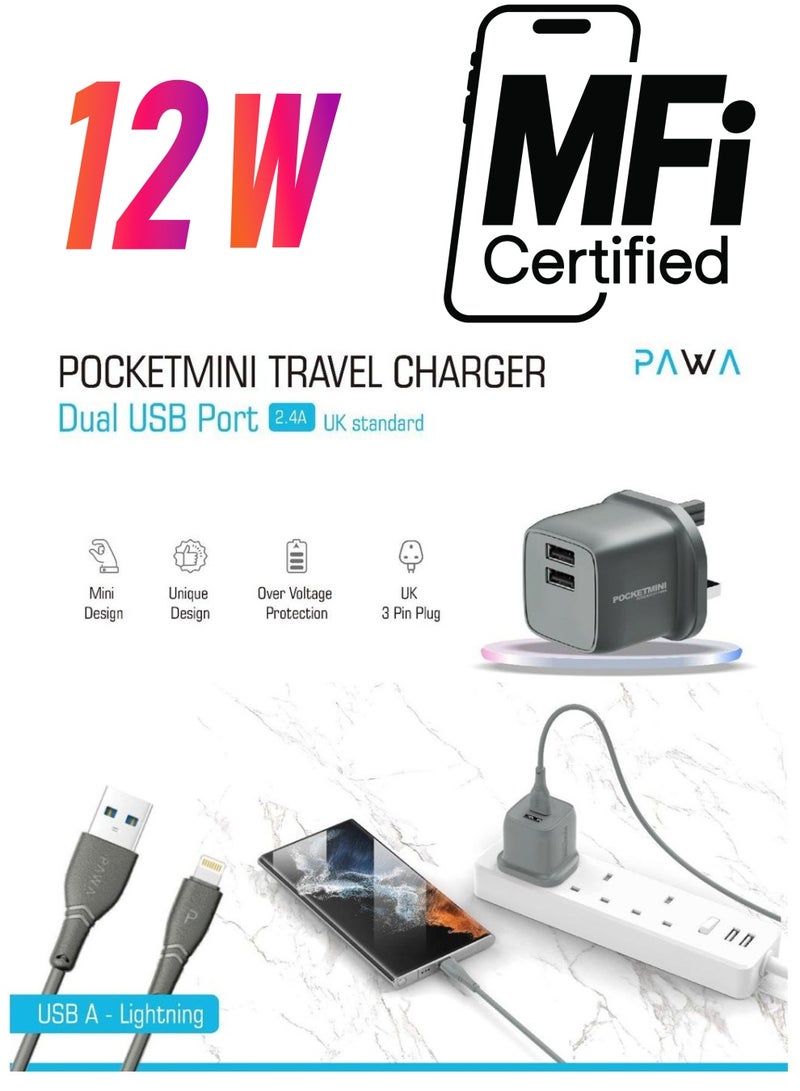 Pawa Dual USB Travel Charger UK With USB-A to Lightning Cable PAWA PocketMini