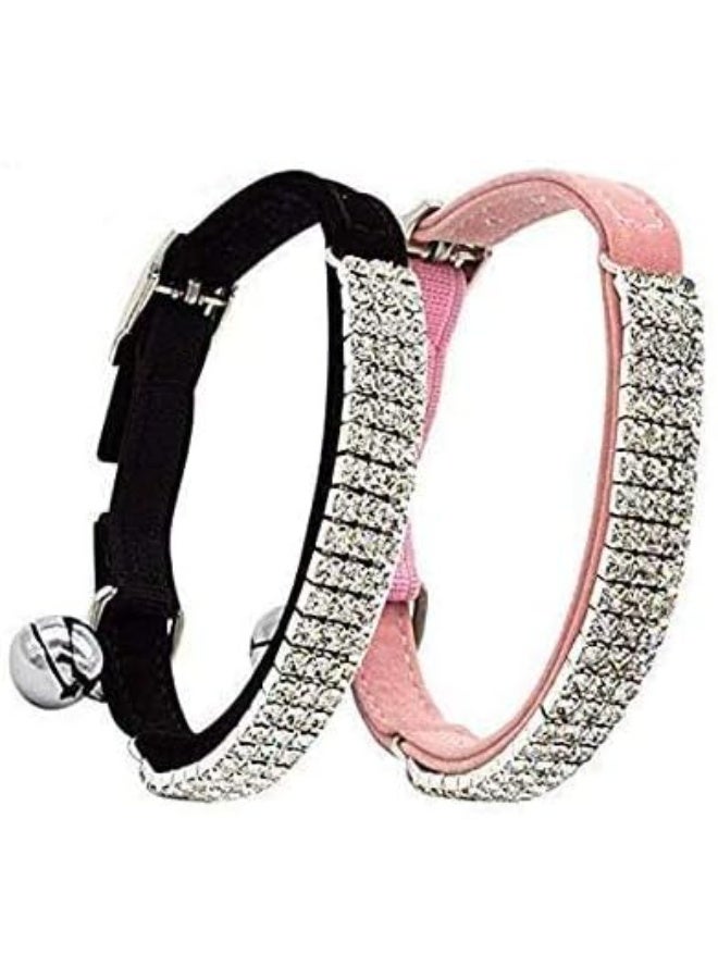 CHUKCHI Soft Velvet Safe Cat Adjustable Collar Bling Diamante with Bells,2 Pcs Black+Pink - Image 1