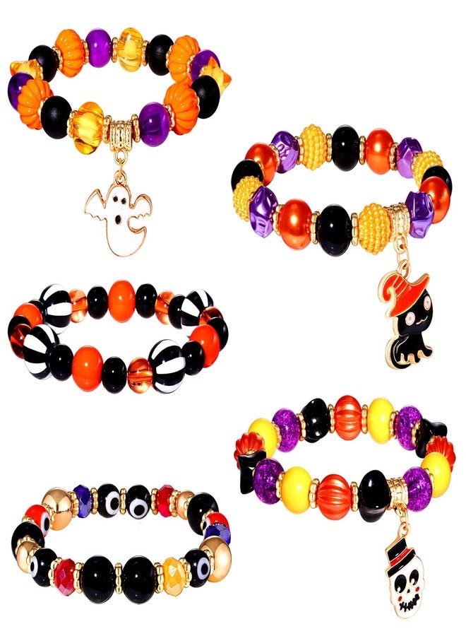 CEALXHENY Halloween Beaded Bracelets for Women BOO Pumpkin Charm Bracelet Orange Black Bead Stretch Bracelets Halloween Themed Party Favors Holiday Gifts (Multicolor 5) - Image 2