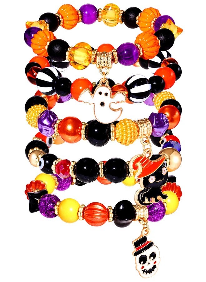 CEALXHENY Halloween Beaded Bracelets for Women BOO Pumpkin Charm Bracelet Orange Black Bead Stretch Bracelets Halloween Themed Party Favors Holiday Gifts (Multicolor 5) - Image 1