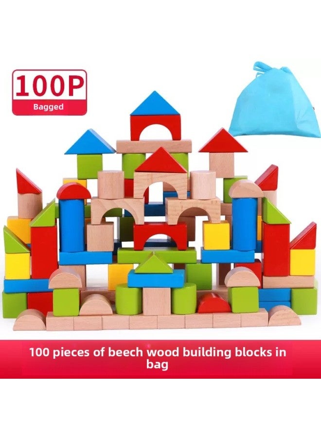 Young Children's Wood Building Blocks Assembled Toys Large Particles Baby Early Education Puzzle 1-2 Years Old 3 Boys 6 Solid Wood Wholesale-Color:Beech 100 Colorful (bag) 1.8kg-Specifications:20*18*18CM - Image 1