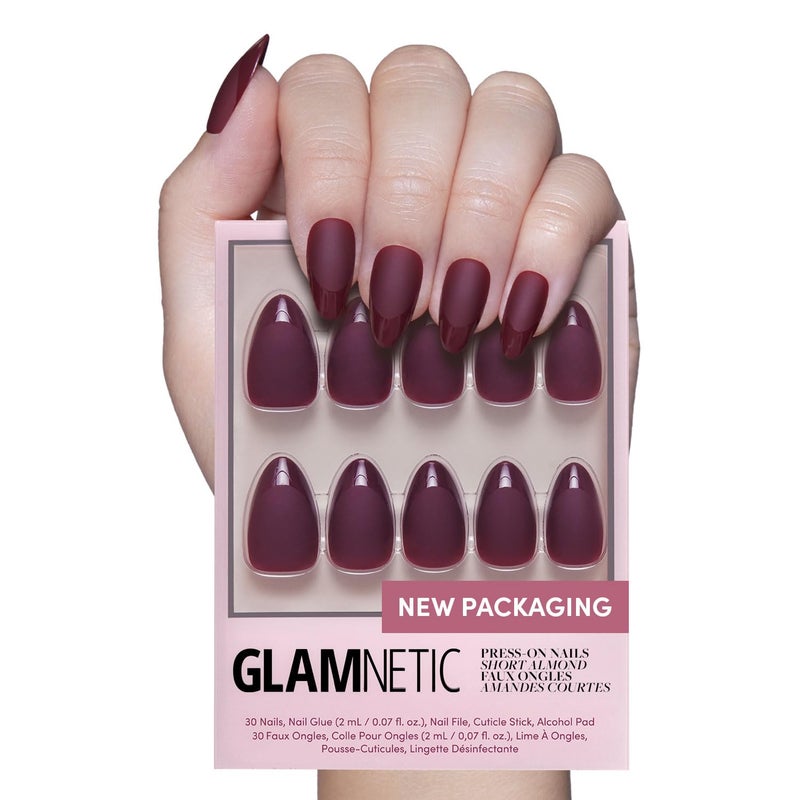 Glamnetic Press On Nails - Merlot | Matte Short Almond Dark Red Nails with Glossy French Tips | 15 Sizes - 30 Nail Kit with Glue - Image 1