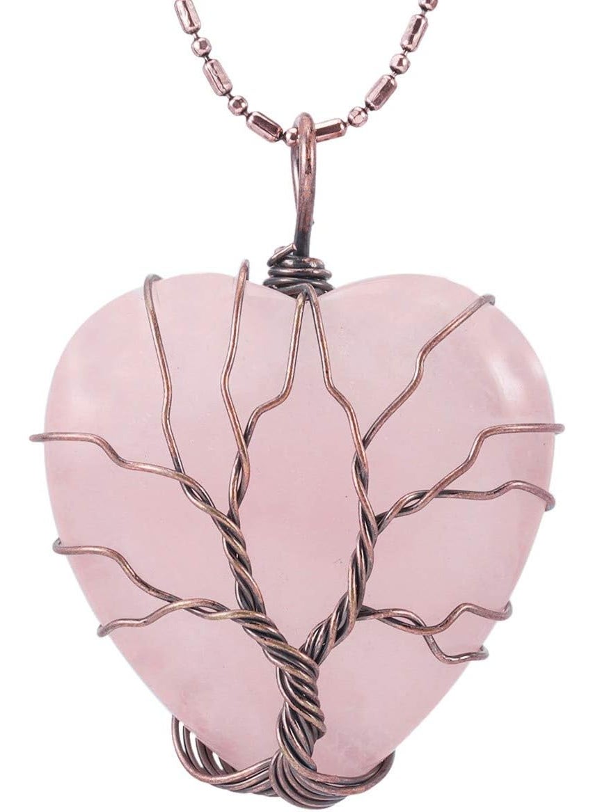 SUNYIK SUNYIK Natural Rose Quartz Crystal Pendant Necklace for Women, Handmade Copper Wire Wrapped Heart Love Healing Reiki Crystal Jewelry 