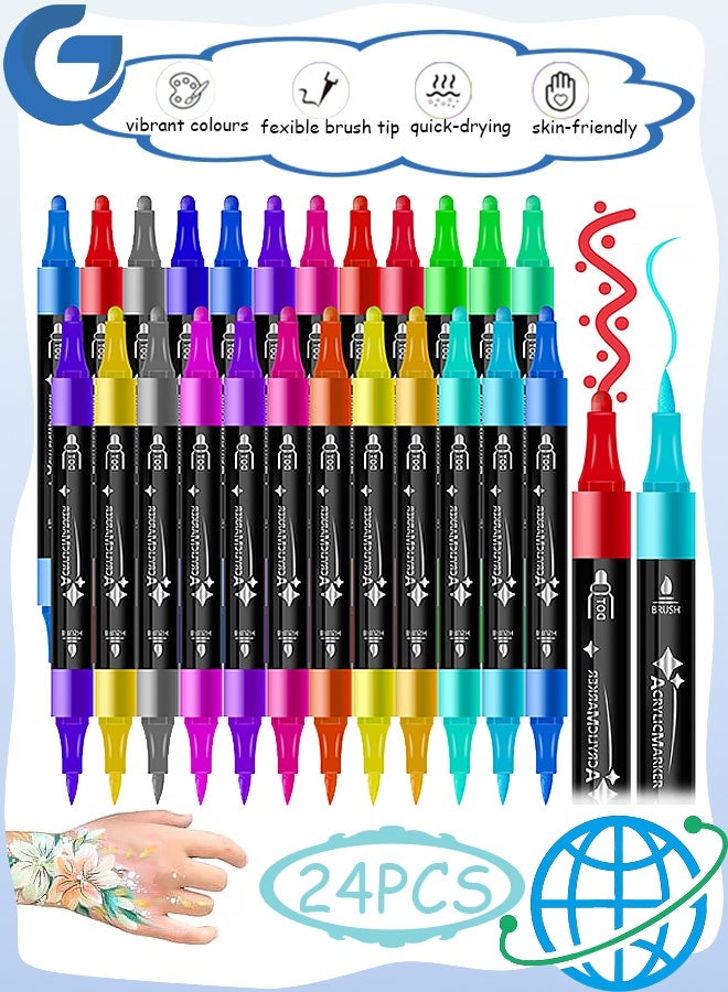 MXN 24 Pcs Temporary Tattoo Markers for Skin, Dual-ended Tattoo Pen Flexible Brush Tip Skin-safe Body Face Paint markers for Kids and Adults - Image 1