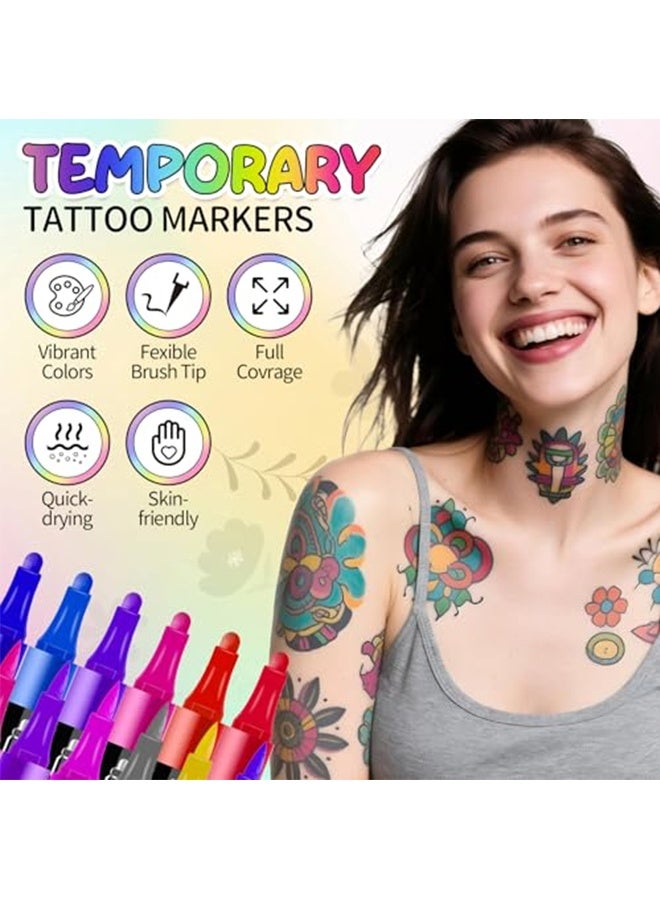 MXN 24 Pcs Temporary Tattoo Markers for Skin, Dual-ended Tattoo Pen Flexible Brush Tip Skin-safe Body Face Paint markers for Kids and Adults - Image 3