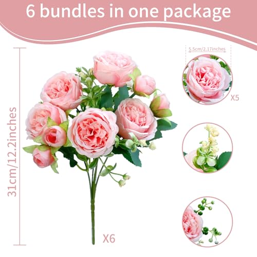 AUMVEYI 6 Pcs Peonies Artificial Flowers Bulk, Light Pink Silk Peonies Fake Bouquet for Floral Centerpieces, Realistic Faux Peony Flower for Flower Arrangements Wedding Decoration vase - Image 2