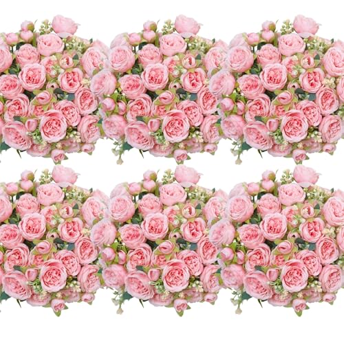 AUMVEYI 6 Pcs Peonies Artificial Flowers Bulk, Light Pink Silk Peonies Fake Bouquet for Floral Centerpieces, Realistic Faux Peony Flower for Flower Arrangements Wedding Decoration vase - Image 1