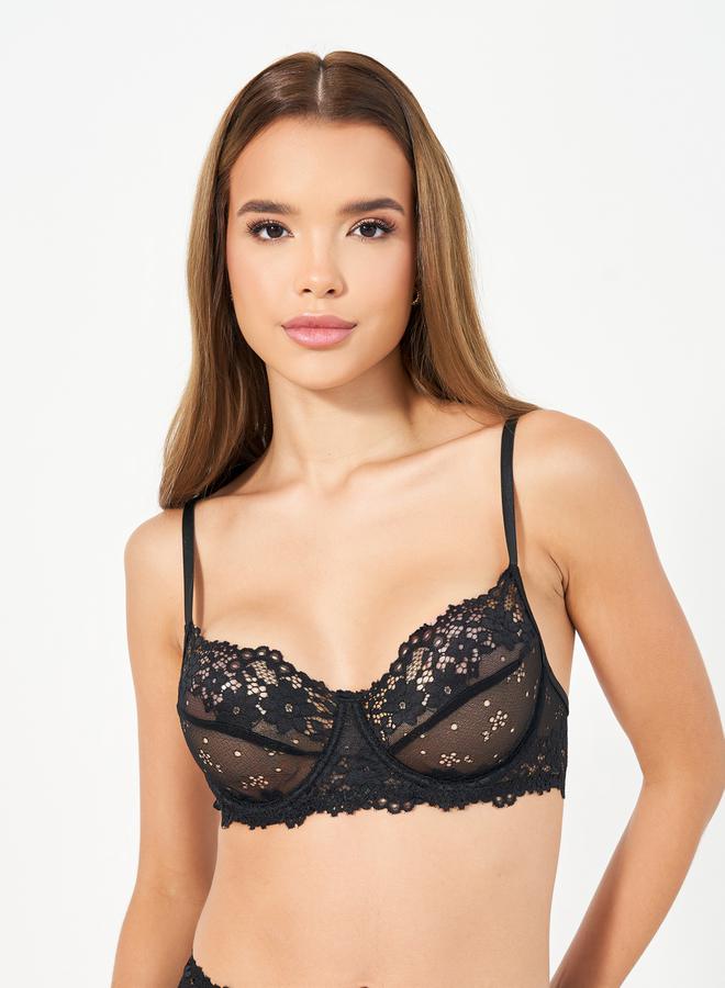 Styli Pack of 3 - Scalloped Edge Floral Lace Underwired Bra- Thong and Skirt Cover Up with Suspender Straps - Image 2