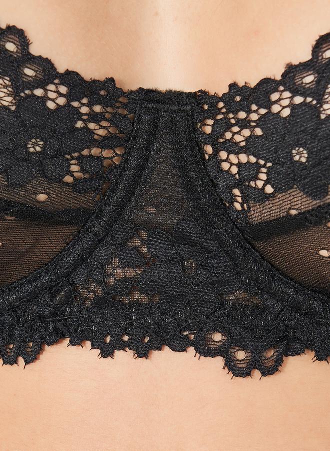 Styli Pack of 3 - Scalloped Edge Floral Lace Underwired Bra- Thong and Skirt Cover Up with Suspender Straps - Image 3