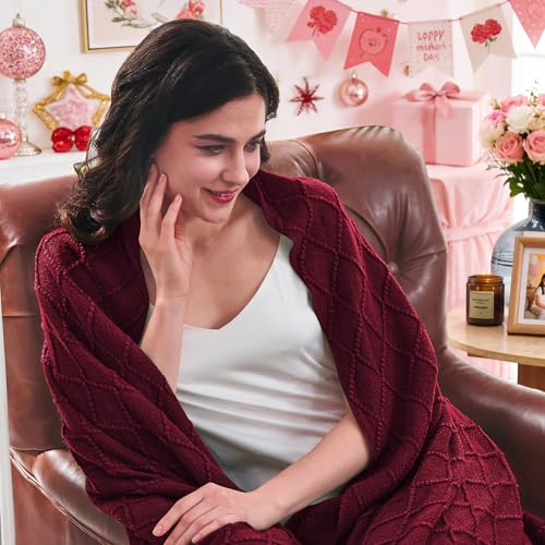inhand Claret Knitted Throw Blanket for Couch Bed Mothers DayMom Birthday Gifts for Mom from Daughter Son Soft Lightweight with Tassels Farmhouse Warm Decorative Blanket for Women 60x80 - Image 3