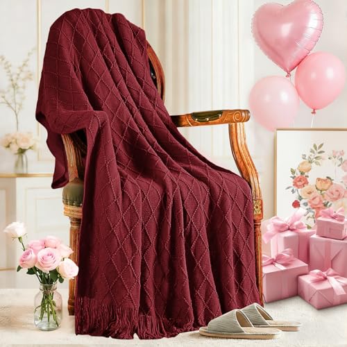 inhand Claret Knitted Throw Blanket for Couch Bed Mothers DayMom Birthday Gifts for Mom from Daughter Son Soft Lightweight with Tassels Farmhouse Warm Decorative Blanket for Women 60x80 - Image 1