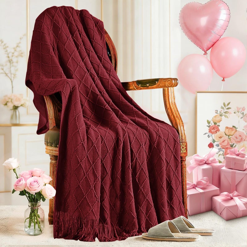 inhand Claret Knitted Throw Blanket for Couch Bed Mothers DayMom Birthday Gifts for Mom from Daughter Son Soft Lightweight with Tassels Farmhouse Warm Decorative Blanket for Women 60x80 - Image 2