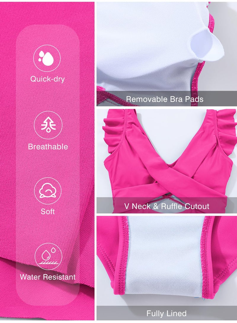 Aleumdr Women's One Piece Swimsuit Ruffle Cutout Bathing Suits Slimming Tummy Control V Neck Wrap Swimwear Hot Pink Large - Image 5