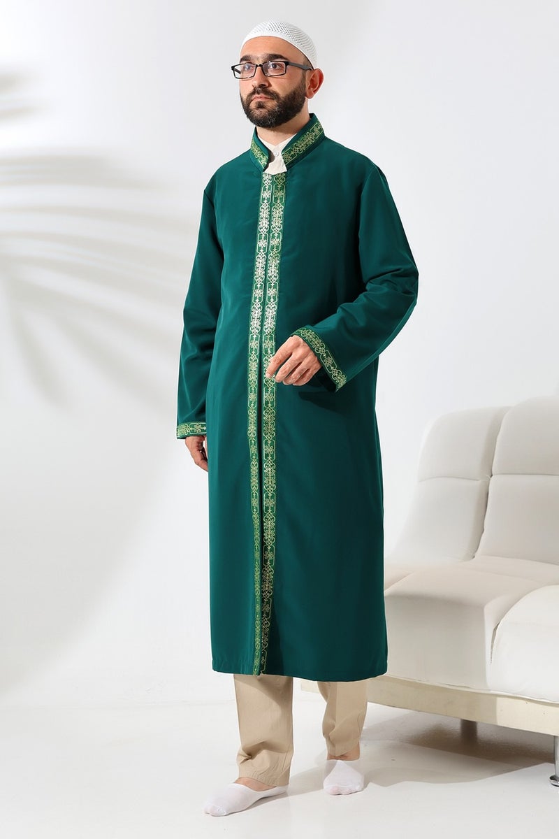 ihvanonline Green Men's Prayer Dress Embroidered Judge Collar Imam Robe - Image 3