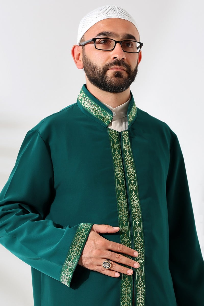 ihvanonline Green Men's Prayer Dress Embroidered Judge Collar Imam Robe - Image 5