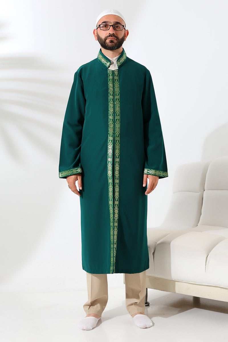 ihvanonline Green Men's Prayer Dress Embroidered Judge Collar Imam Robe - Image 1