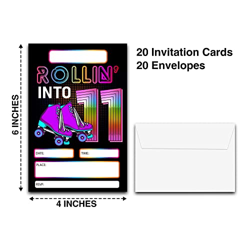 DETIHO 4" x 6" Roller Skating 11th Birthday Party Invitation Cards With Envelopes - Rolling Into 11 - Retro Roller Skate Party Invitation - 20 Sets - E56 - Image 2