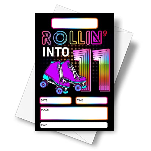 DETIHO 4" x 6" Roller Skating 11th Birthday Party Invitation Cards With Envelopes - Rolling Into 11 - Retro Roller Skate Party Invitation - 20 Sets - E56 - Image 1