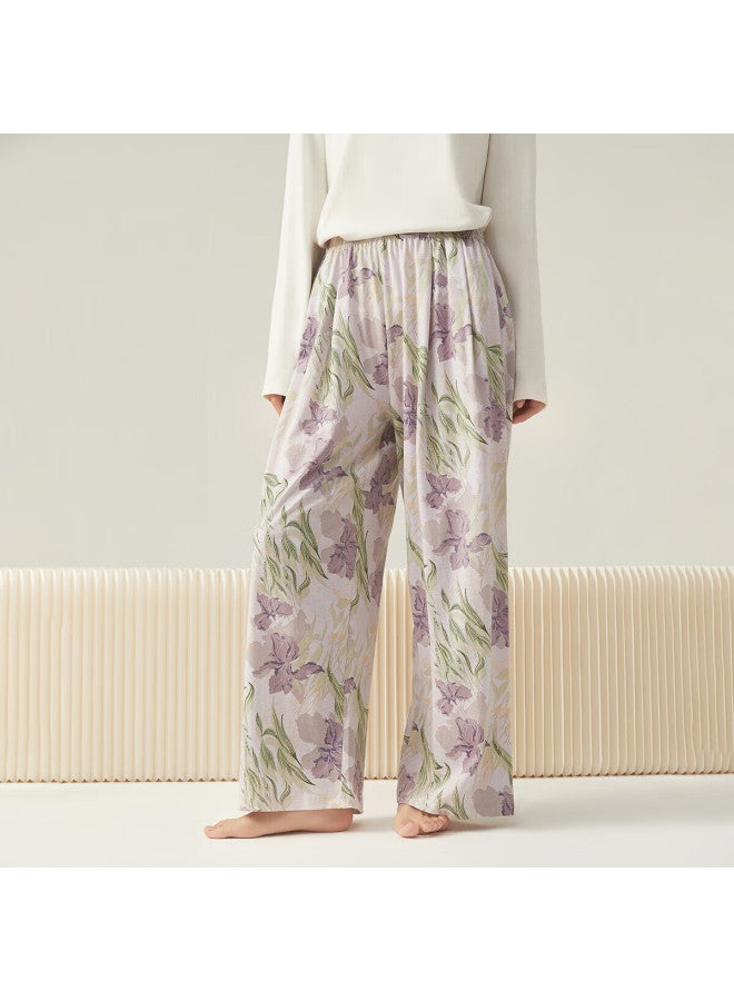 Top melon Dingguagua Women's Spring Cotton Pajama Pants, Wearable Outside, Printed Long Pants 26123, Iris Ode Purple Flower, Size 175 - Image 1