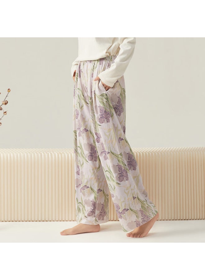 Top melon Dingguagua Women's Spring Cotton Pajama Pants, Wearable Outside, Printed Long Pants 26123, Iris Ode Purple Flower, Size 175 - Image 5