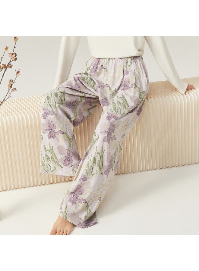 Top melon Dingguagua Women's Spring Cotton Pajama Pants, Wearable Outside, Printed Long Pants 26123, Iris Ode Purple Flower, Size 175 - Image 2