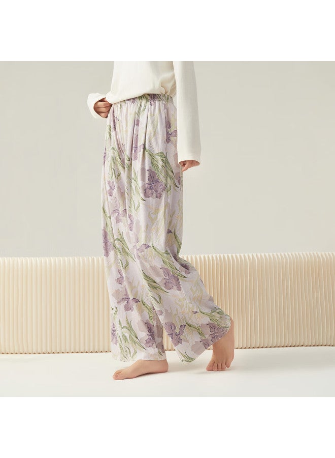 Top melon Dingguagua Women's Spring Cotton Pajama Pants, Wearable Outside, Printed Long Pants 26123, Iris Ode Purple Flower, Size 175 - Image 3