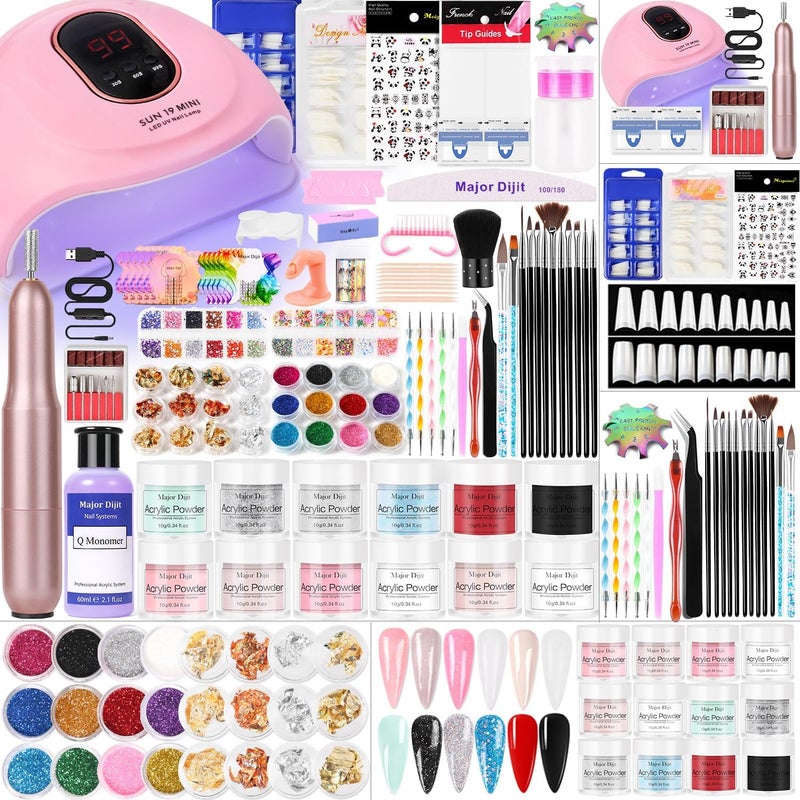 Major Dijit Acrylic Nail Kit with Nail Lamp 035 oz White Clear Pink Black and More 12 Colors Acrylic Powder and Liquid Kit Electric Nail Drill Glitter Nail Art BrushesNail Kit for Beginners