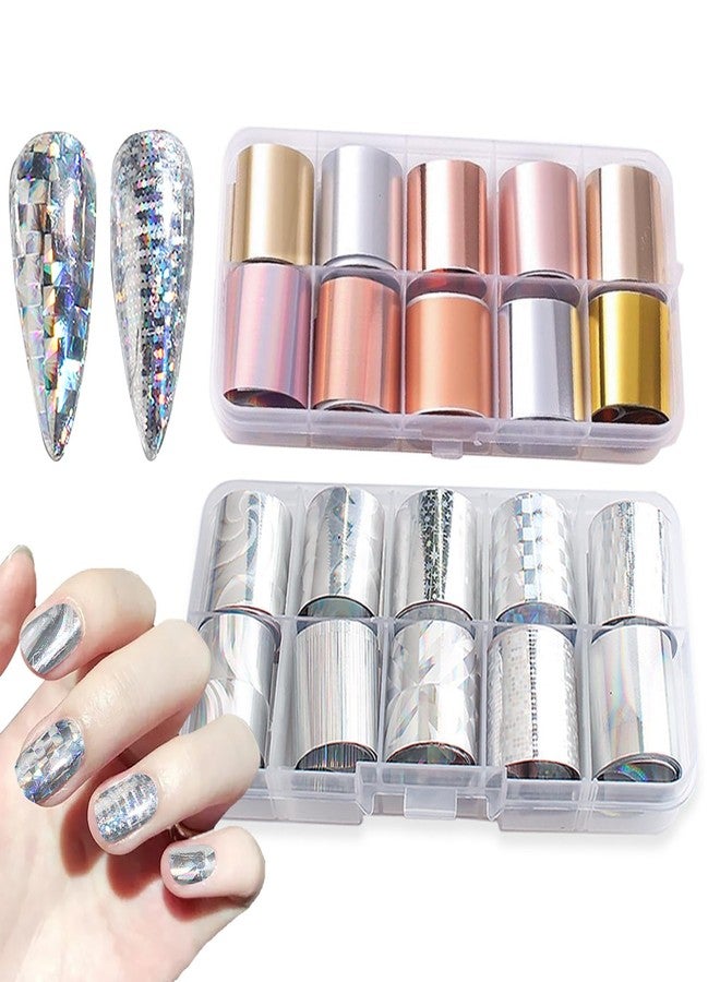 SILPECWEE 20 Rolls Metallic Nail Foil Gold Nail Stickers Laser Silver Nail Decals Nail Transfer Foil Holographic Nail Art Foil Foil for Nails Manicure Design for Acrylic Nails Decoration - Image 1