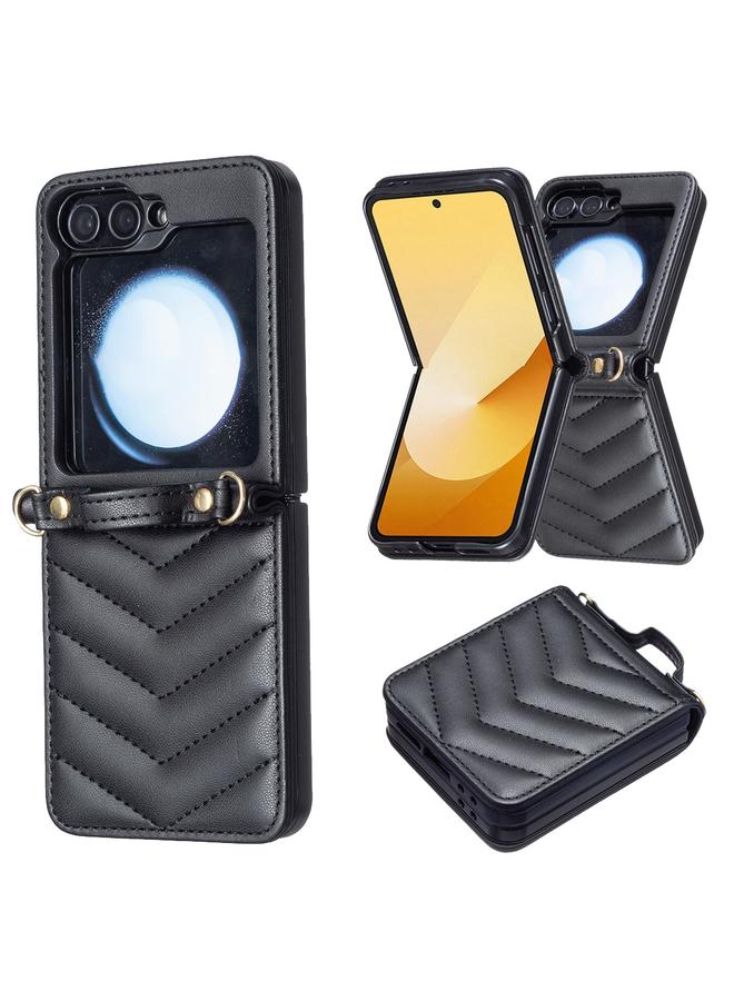 اس-توب جراب هاتف Samsung Galaxy Z Flip6 بتصميم مموج مع حبل حول الجسم مصنوع من الجلد - Image 2