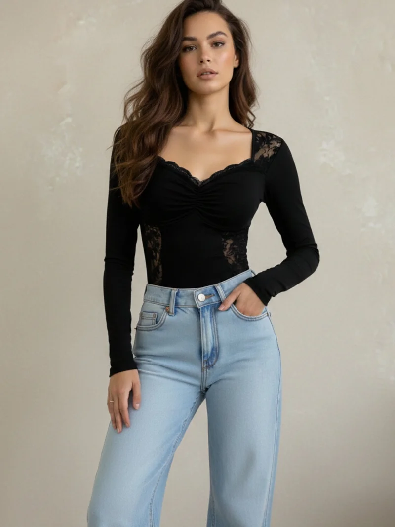 Outzidr  Black Sweetheart Neckline With Lace Inserts Top for Women | Best Price UAE