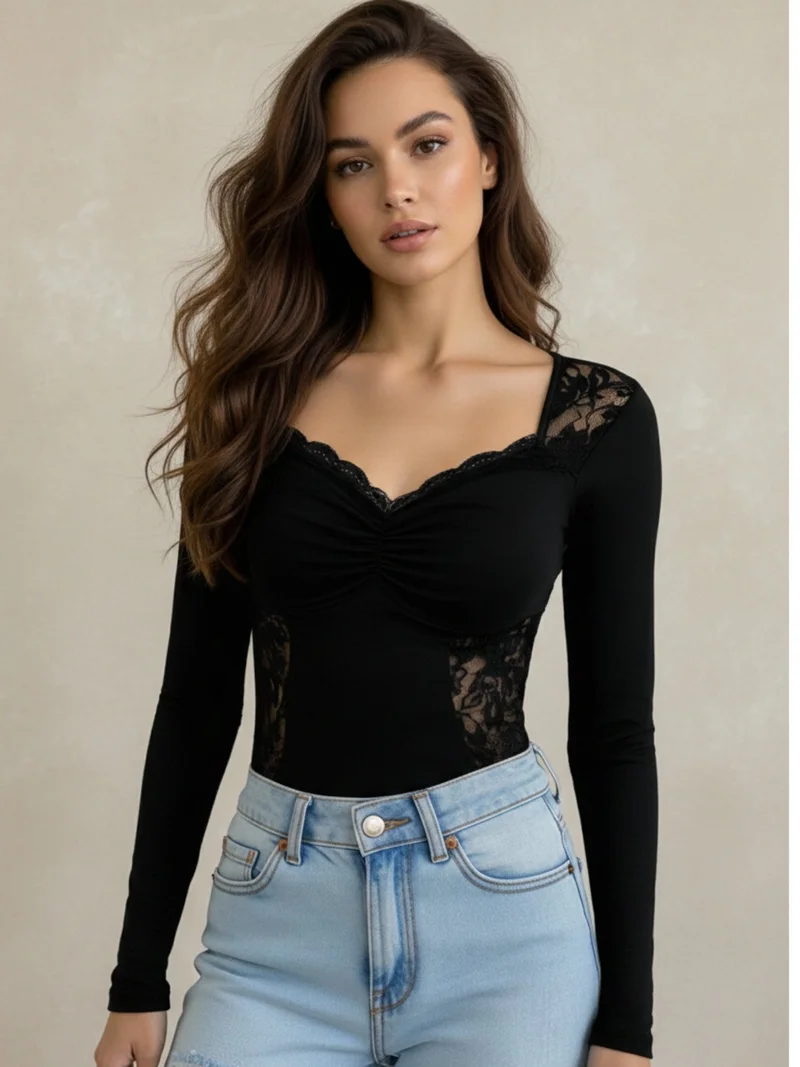 Outzidr  Black Sweetheart Neckline With Lace Inserts Top for Women | Best Price UAE