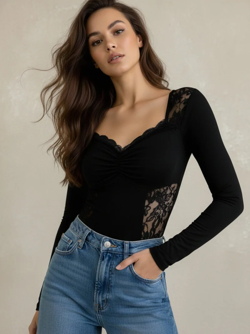 Black Sweetheart Neckline With Lace Inserts Top