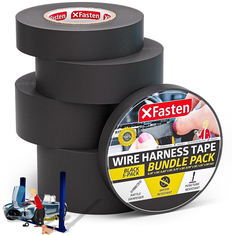 XFasten Wire Harness Tape, 250 Feet Total (5-Set Width), High Temp Wiring Loom Harness, Self-Adhesive Felt Cloth Electrical Tape for Automotive Engines, Noise Dampening, and Cable Protection - Image 1