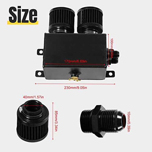 POSENG Universal Aluminum AN10 1.2L Twin Baffle Dual Filter Engine Oil Catch Can Tank With 2 Air Filters Oil Catch Reservoir Tank Can Breather Kit Black - Image 2