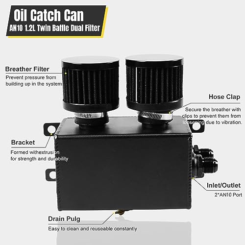 POSENG Universal Aluminum AN10 1.2L Twin Baffle Dual Filter Engine Oil Catch Can Tank With 2 Air Filters Oil Catch Reservoir Tank Can Breather Kit Black - Image 3